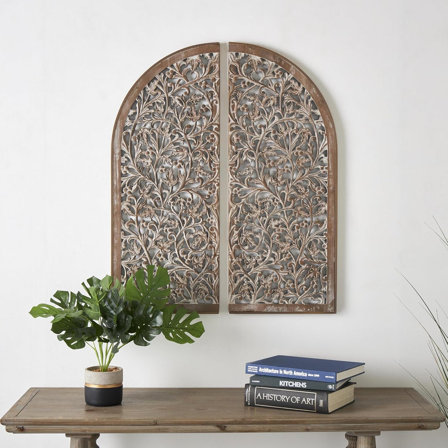 Deco 79 Wooden Floral Handmade Home Wall Decor Arched Wall Sculpture with Intricate Carvings, Set of 2 Wall Art 15"W, 36"H, Brown