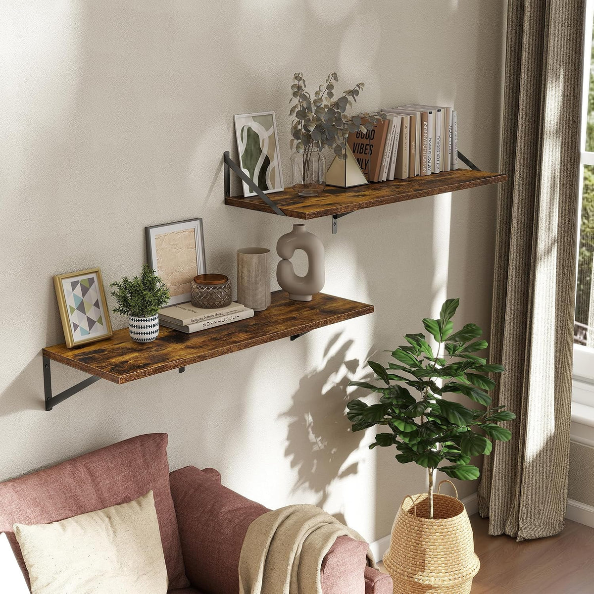 Acovy Deep Floating Shelves Wall Mounted, 36"x12" Brown Wood Shelves with Brackets Set of 2 for Bedroom, Living Room, Bathroom, Kitchen, Office - Storage & Display Shelf for Decor, Books, Plants
