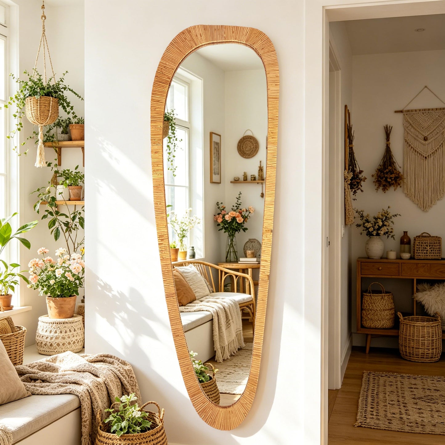 BAODANFU Irregular Natural Rattan Mirror, 18×53 Inch Full Length Wall Mirror, 4-Way Handwoven Decorative Asymmetrical Mirrors, Boho Rustic Decor for Entryway Bedroom Living Room Home