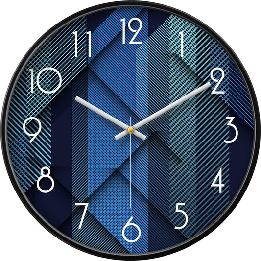 Silent Non-Ticking Analog Wall Clock, Geometric Blue Print, 12''