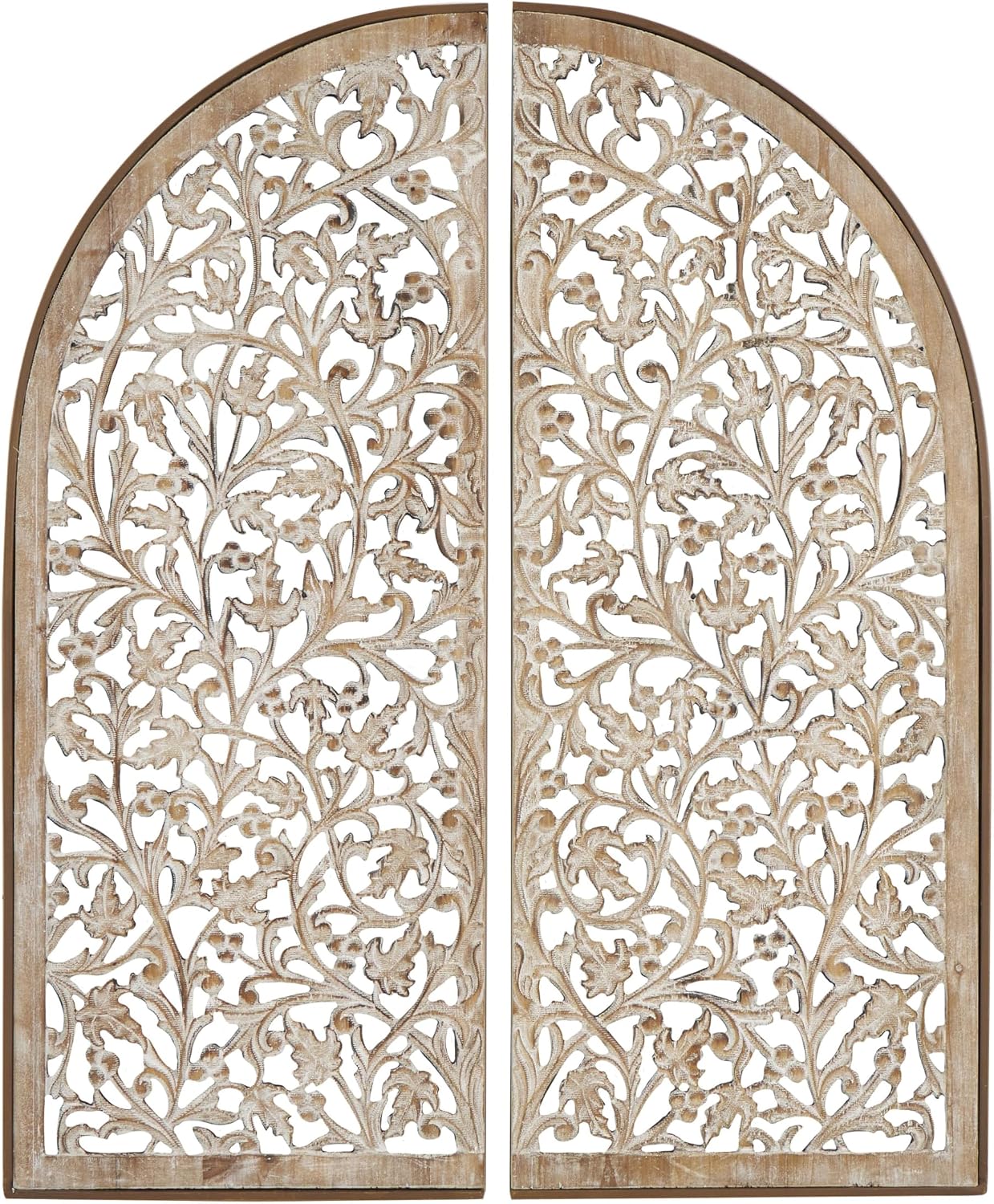 Deco 79 Wooden Floral Handmade Home Wall Decor Arched Wall Sculpture with Intricate Carvings, Set of 2 Wall Art 15"W, 36"H, Brown