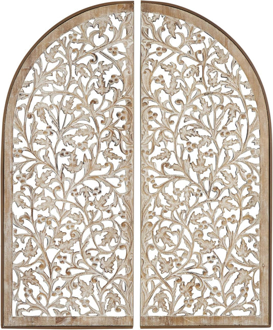 Deco 79 Wooden Floral Handmade Home Wall Decor Arched Wall Sculpture with Intricate Carvings, Set of 2 Wall Art 15"W, 36"H, Brown