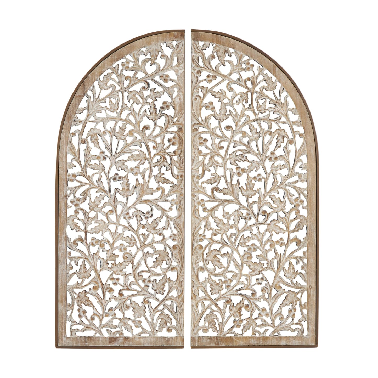 Deco 79 Wooden Floral Handmade Home Wall Decor Arched Wall Sculpture with Intricate Carvings, Set of 2 Wall Art 15"W, 36"H, Brown