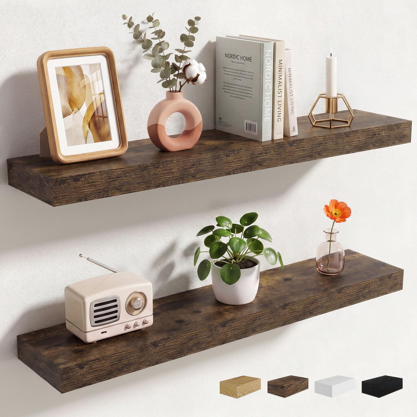 Axeman 72Inch Floating Shelves for Wall 2 Pack Shelves for Kitchen Bathroom Bedroom, Wooden Shelves with Invisible Brackets, Wall Mounted Rustic Wood Floating Shelf for Decor Books Storage, Brown